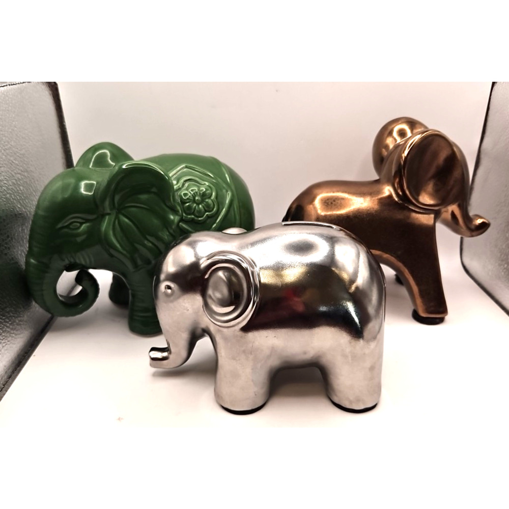 LOT OF 3 Elephant Figurine Ceramic Green Silver Bronze Bank 7x5x4